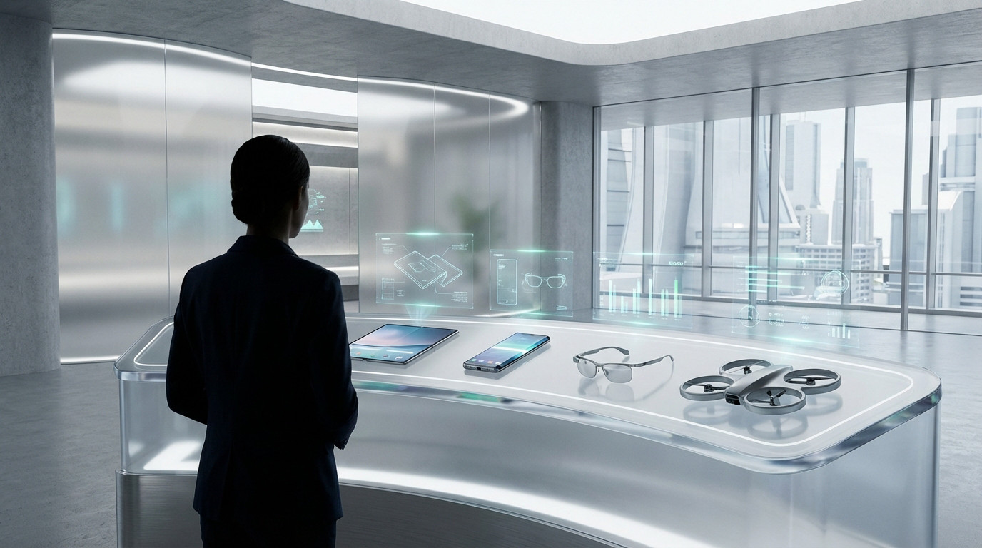 Person in futuristic showroom viewing 2026 tech: tablet, phone, smart glasses, drone on luminous display with blue holographic data.