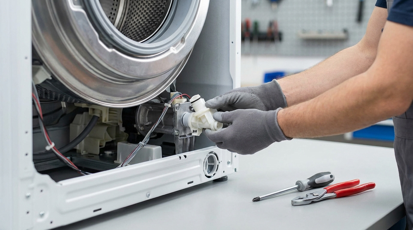 Gloved hands install a new white plastic part into a disassembled washing machine, tools on a bright workbench.