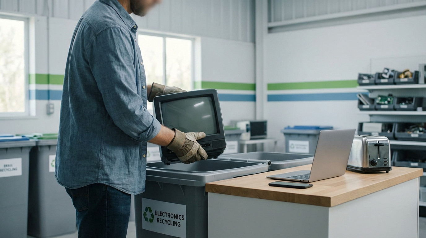 Person in gloves places old TV into electronics recycling bin. Laptop, phone, toaster on workbench in clean, modern facility.