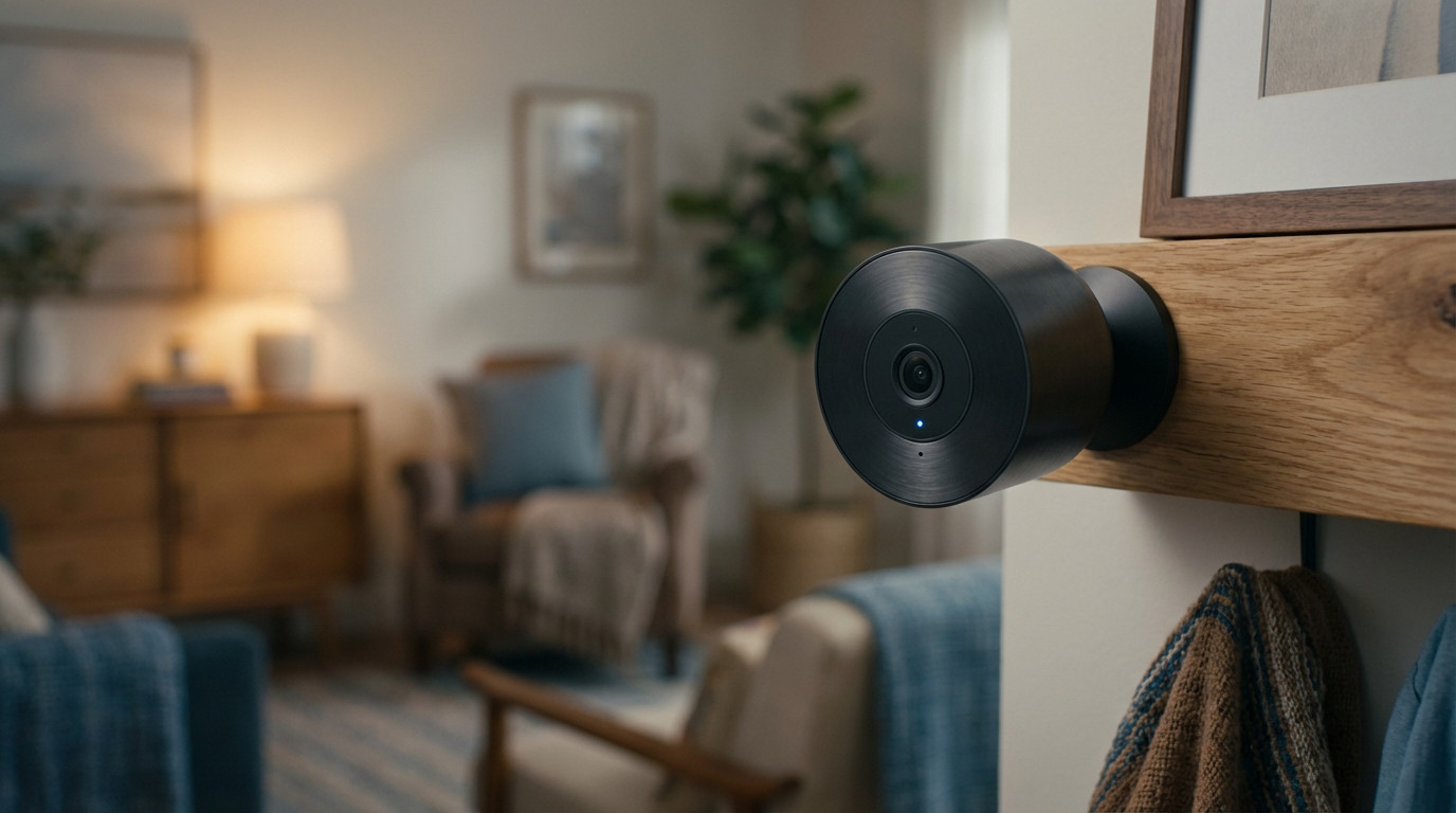 A black, modern home security camera with a blue indicator light, mounted on a wooden panel in a softly lit, stylish interior.