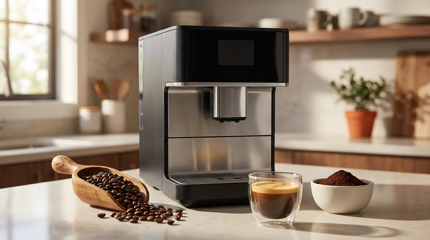 Sleek automatic coffee machine, wooden scoop of beans, ground coffee, and espresso in a glass on a bright kitchen counter.