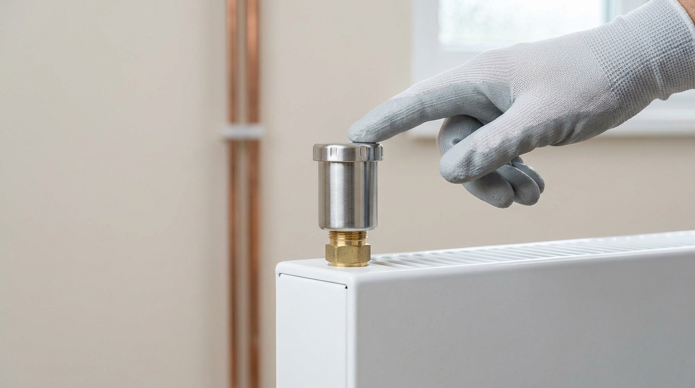 Main gantée touchant un purgeur automatique installé sur un radiateur blanc.