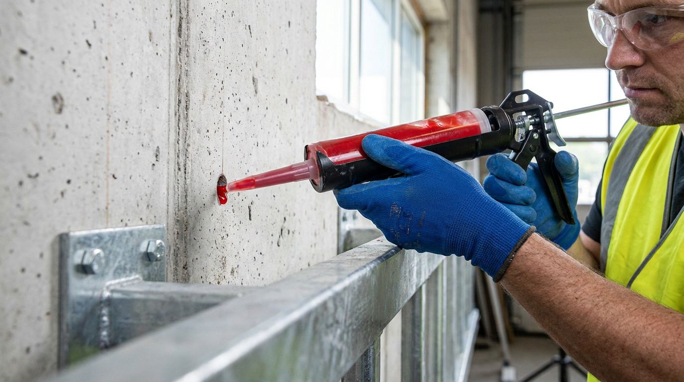 Ouvrier en gants bleus injectant du scellement chimique rouge dans un trou de béton avec un pistolet extrudeur.