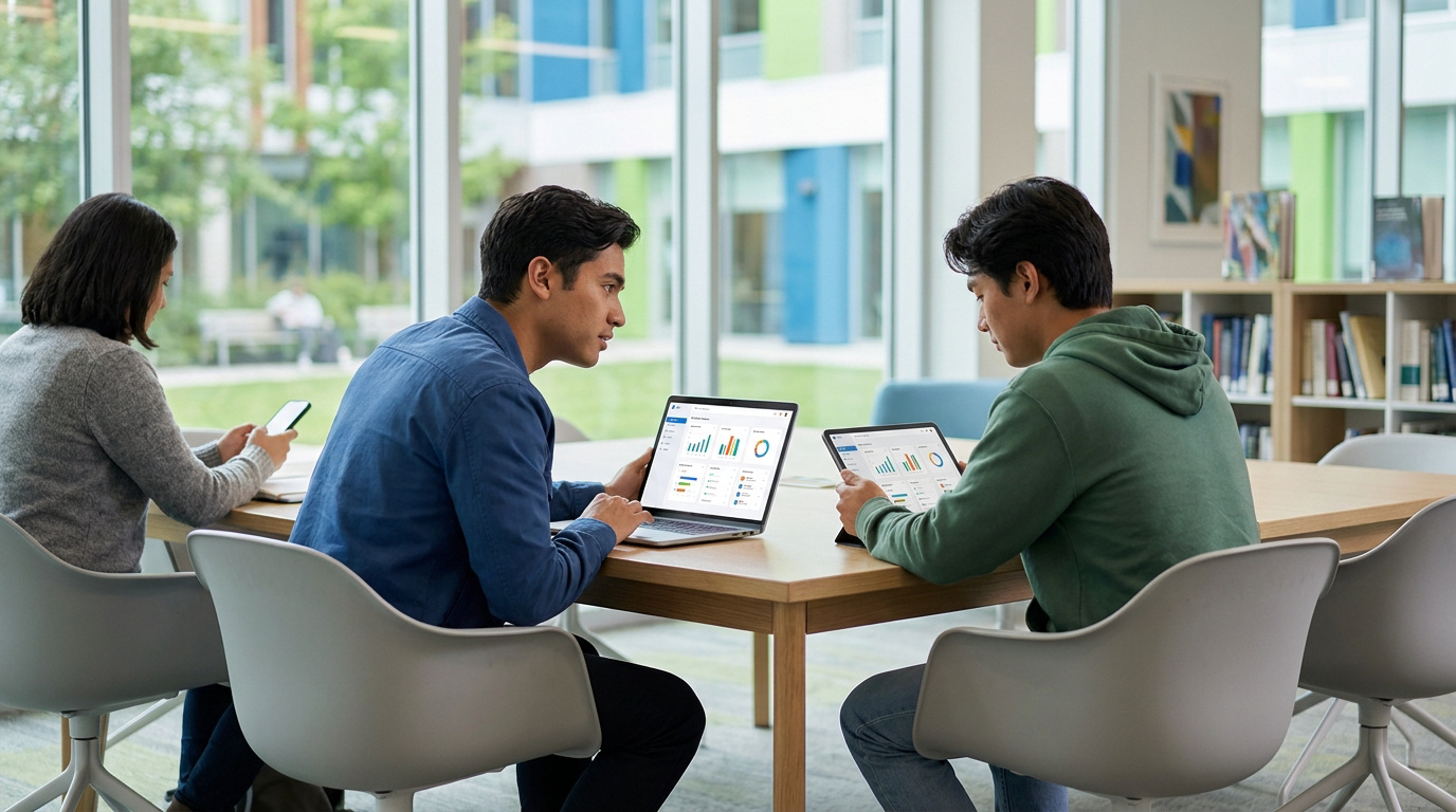 Étudiants utilisant des ordinateurs et tablettes pour travailler ensemble dans une bibliothèque universitaire moderne.