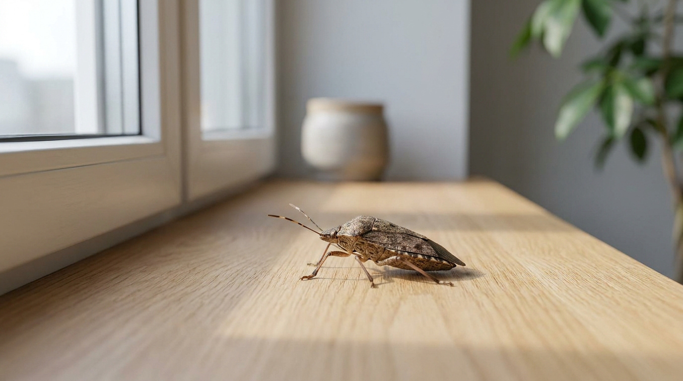 Une punaise marron sur le rebord en bois d'une fenêtre à l'intérieur d'une maison.