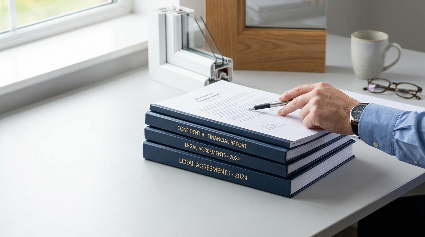 Une main examinant un rapport financier confidentiel sur une pile de dossiers juridiques dans un bureau de menuiserie.