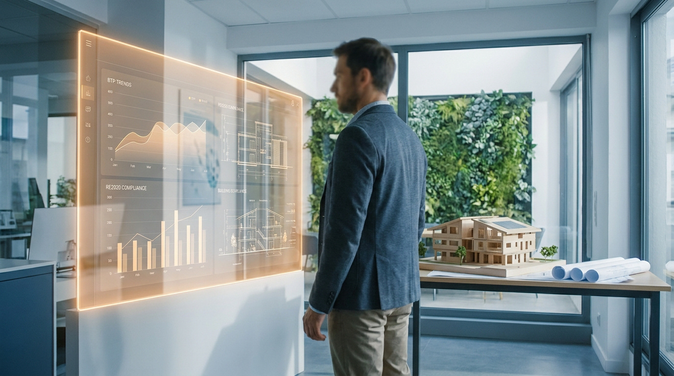 Un architecte consultant des graphiques et plans de construction sur une interface holographique futuriste.