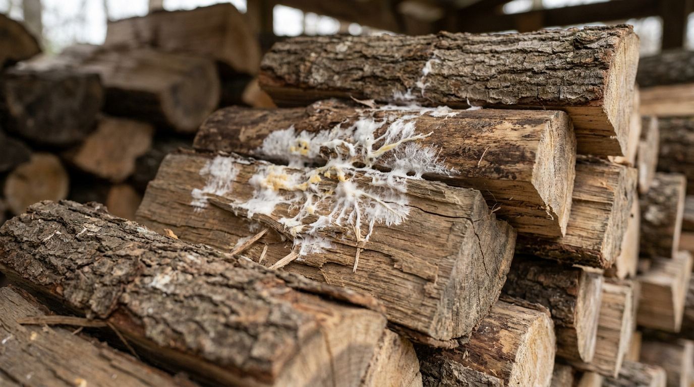 Gros plan sur des bûches de bois empilées présentant des traces de mérule et de filaments blancs cotonneux.