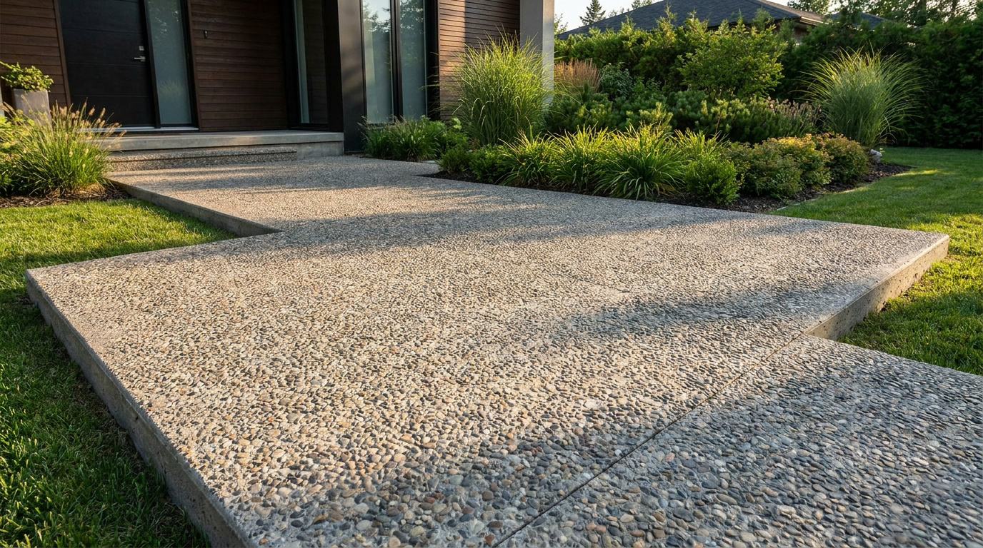 Allée de jardin en béton désactivé menant à une entrée de maison moderne avec un aménagement paysager soigné.