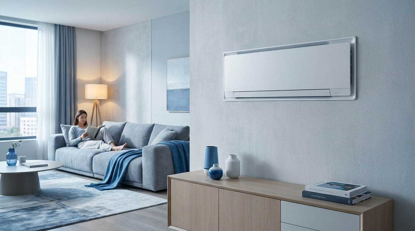 Une femme lit dans un salon moderne équipé d'un climatiseur discret sans unité extérieure fixé au mur.