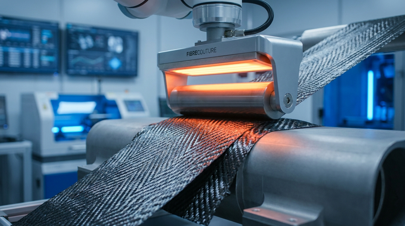 Bras robotisé FibreCouture utilisant un rouleau chauffant pour le placage industriel de fibre de carbone.