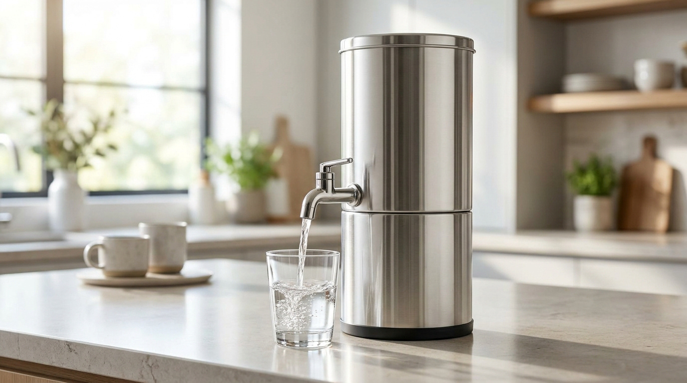 Filtre à eau en acier inoxydable Berkey versant de l'eau claire dans un verre posé sur un comptoir de cuisine.