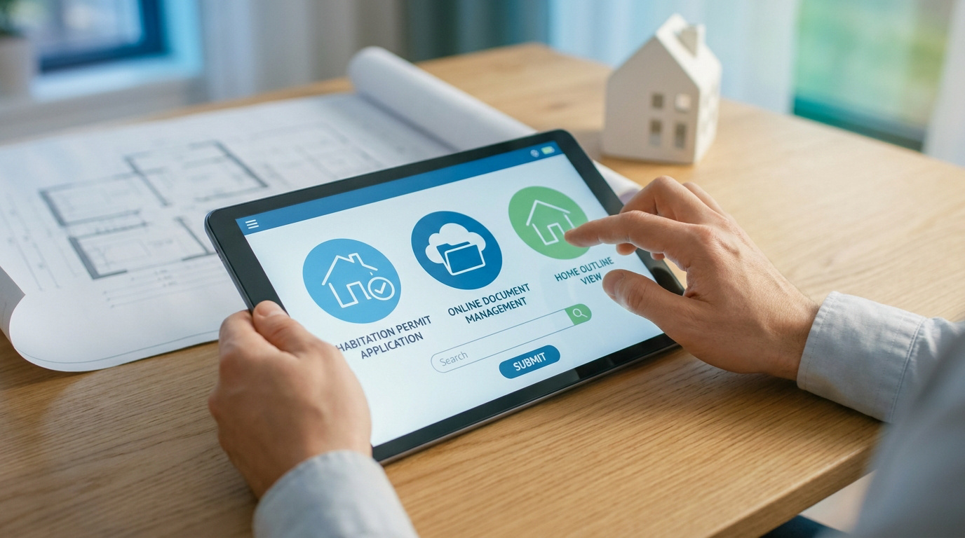 Mains tenant une tablette affichant une application de gestion de permis d'habitation avec des plans de maison en arrière-plan.