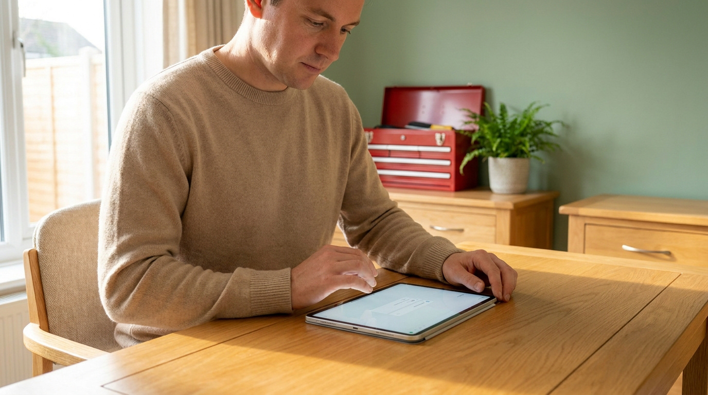 Un homme en pull beige consulte une tablette sur une table en bois, avec une boîte à outils en arrière-plan.