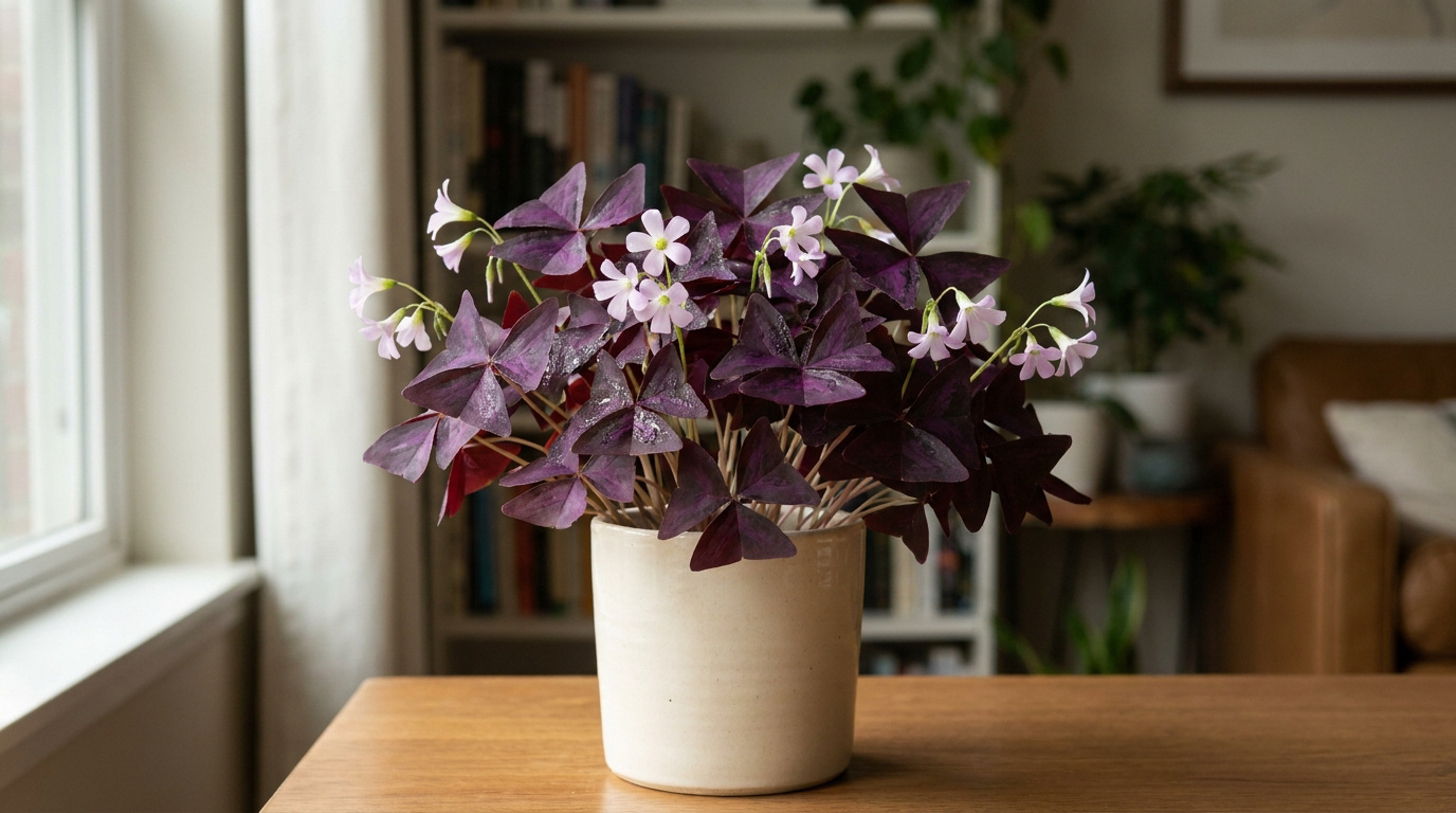 Un Oxalis triangularis aux feuilles pourpres et fleurs roses dans un pot en céramique sur une table en bois.