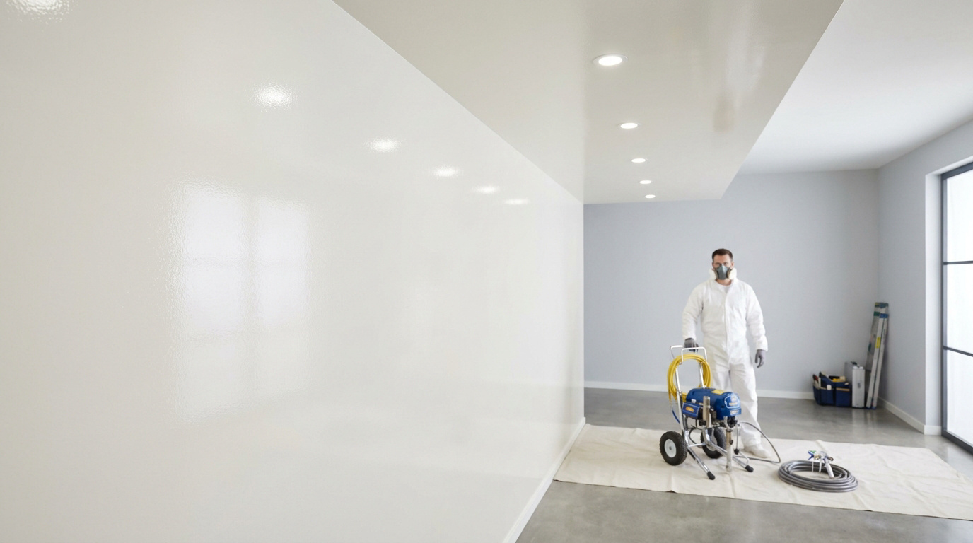 Un peintre en tenue de protection utilise une machine airless pour peindre un mur blanc lisse et brillant.
