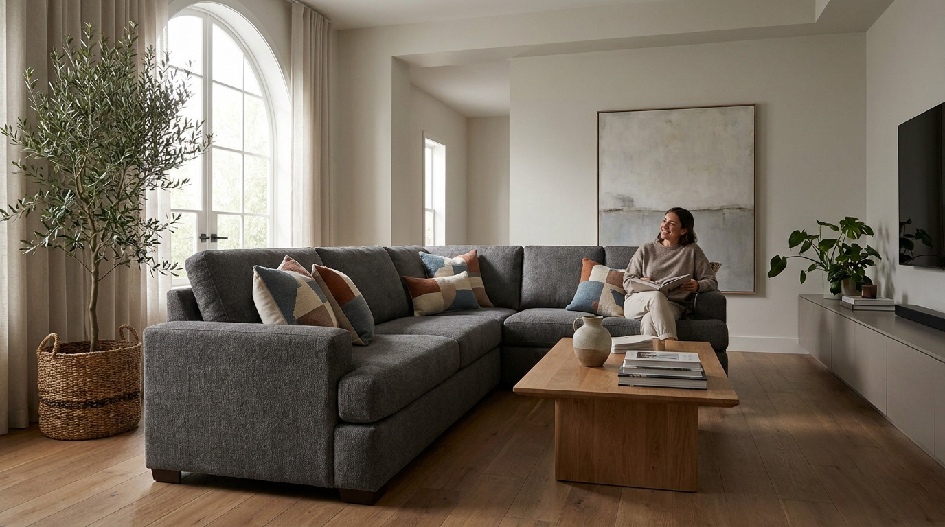 Une femme lit sur un grand canapé d'angle gris dans un salon lumineux au style scandinave avec une plante.