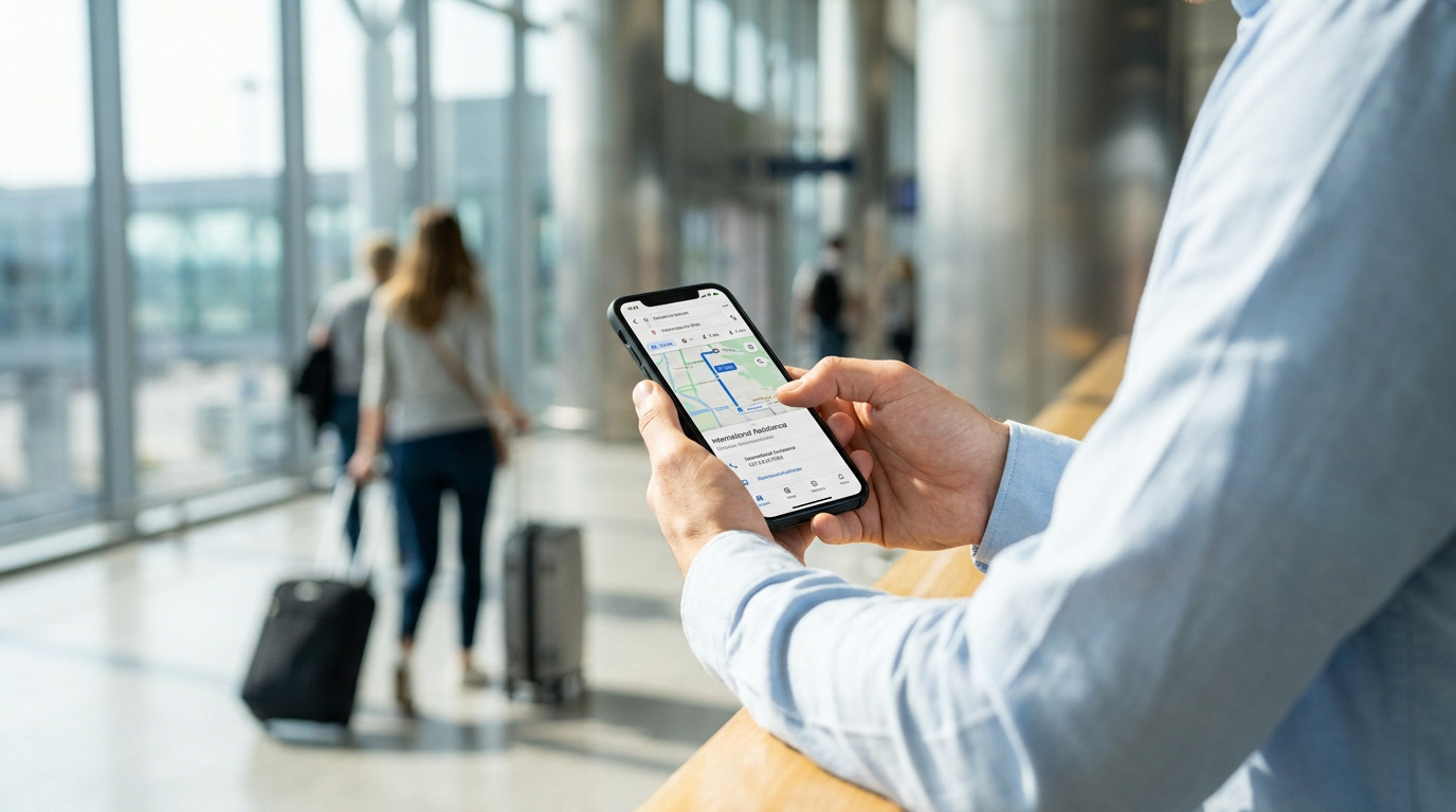 Un voyageur utilisant une application de cartographie sur son smartphone dans un hall d'aéroport.