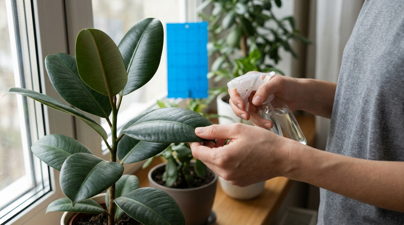 Une personne vaporise un traitement naturel sur les feuilles d'un ficus devant une plaque adhésive bleue.