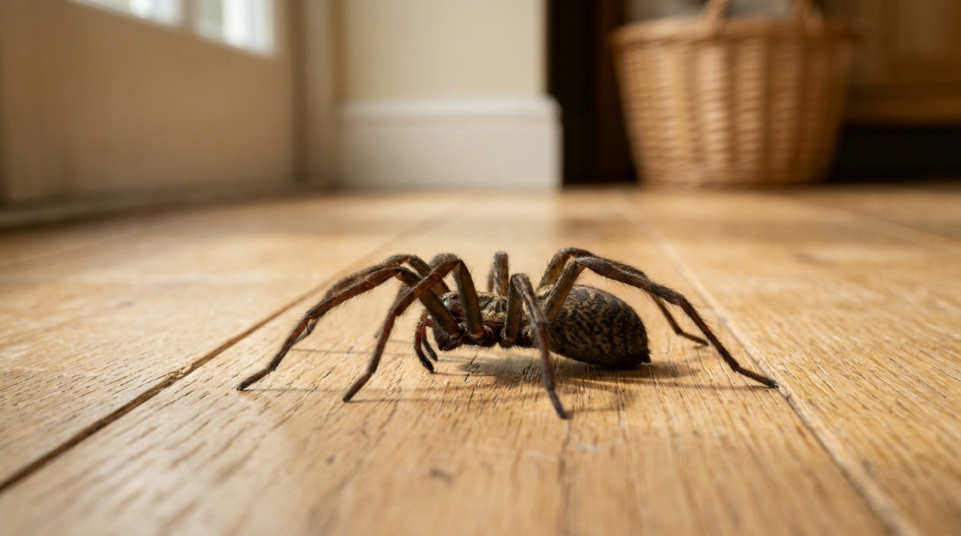Une araignée tégénaire brune se déplaçant sur un plancher en bois dans une maison.