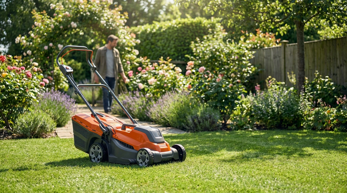Une tondeuse à gazon orange et noire au premier plan, avec un homme marchant dans un jardin fleuri en arrière-plan.